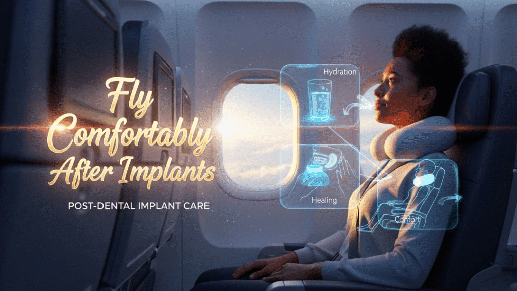 Illustration of a person on an airplane with a diagram showing proper hydration, cold compress application, and comfortable seating position for post-dental implant patients