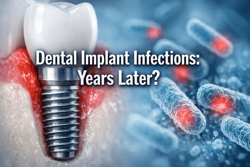 Can a dental implant get infected years after placement?
